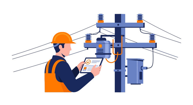 Electrician Inspecting Utility Pole with Tablet - Flat Vector Illustration of Electrical Engineer Performing Power Line Maintenance and Smart Grid Infrastructure Diagnostic