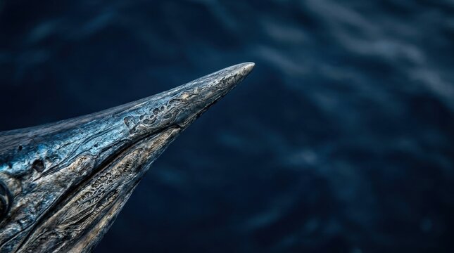 Close up metallic texture of a stylized fish head with a sharp spear like nose Detailed abstract marine sculpture