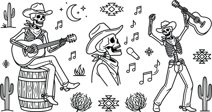 Western Cowboy Skeleton Vector Set featuring Spooky Musicians Playing Acoustic Guitar Singing and Dancing in Desert with Cactus Line Art Tattoos