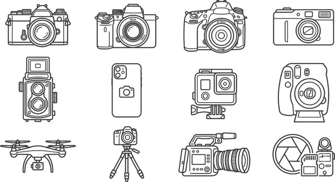 Various Camera Types Line Art Icons On White Background