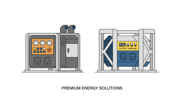 Technical drawing of two premium industrial mobile electricity generators enclosed in protective metal cage frames.