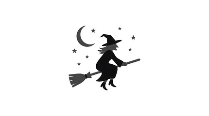 Fototapeta premium Silhouette of a witch flying on a broomstick at night with moon and stars