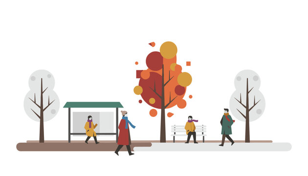 Diverse people walking, waiting, and resting in an autumn city park with colorful trees, a bench, and a bus stop.