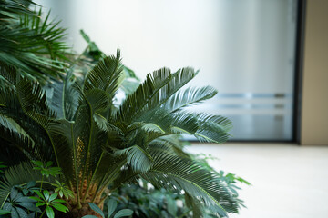 Lush indoor plants with large green leaves featured in a modern office space. Biophilic design sustainable workspace and office landscaping