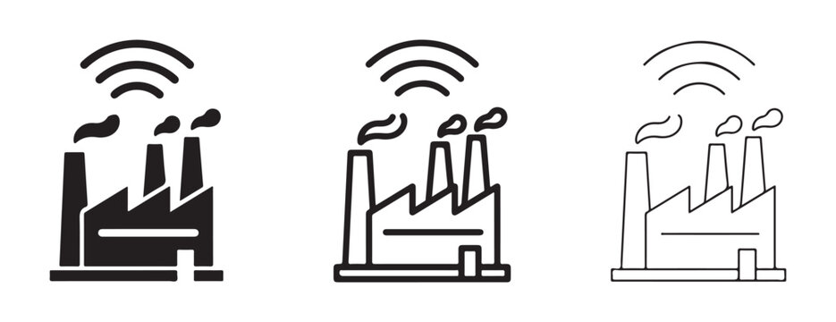 Factory icons with smoke and wifi signal  industrial buildings with chimney stacks emitting smoke  pollution and communication symbols