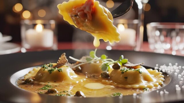 Close-up of fork lifting steaming seafood ravioli with capers and truffle in creamy sauce at fine dining restaurant