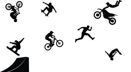 Obraz premium Extreme sports and action stunts silhouettes set including bmx skateboarding motocross and parkour isolated on white background