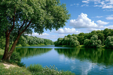 Fototapeta premium River flows through green trees and clouds