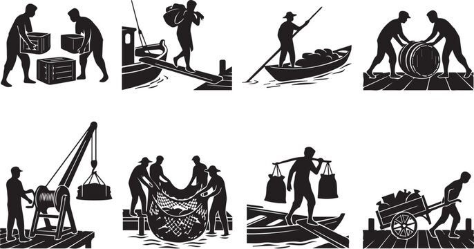 Vintage silhouette set of dockworkers, fishermen, and laborers working on a harbor pier