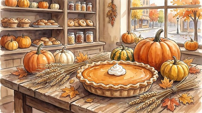 Autumn harvest pie and pumpkins on rustic wooden table indoors