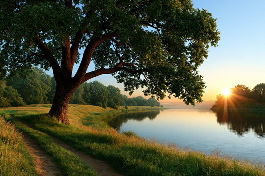 Sunrise by the river with a tree and path