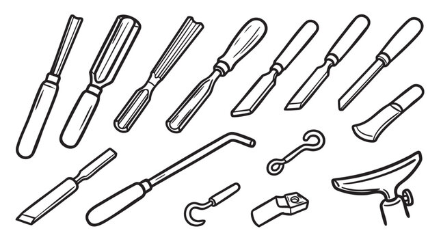 Assortment of wood turning tools including various gouges, chisels, scrapers, and a parting tool, designed for shaping wood on a lathe.