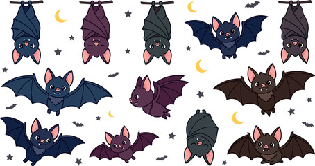 Halloween bat illustrations collection with cute flying and sleeping characters in dark blue purple and brown colors for kids party decor
