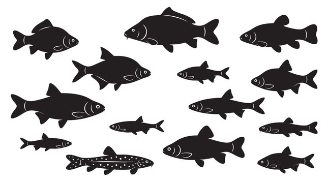 Set of black fish silhouettes for design and decoration.