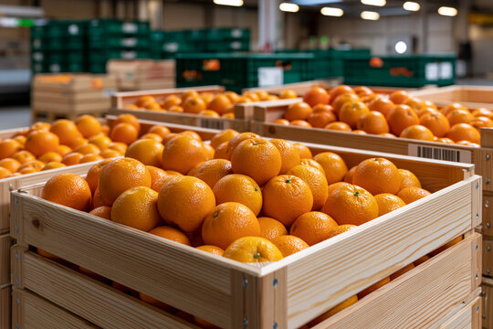 Fresh oranges in wooden crates at a market