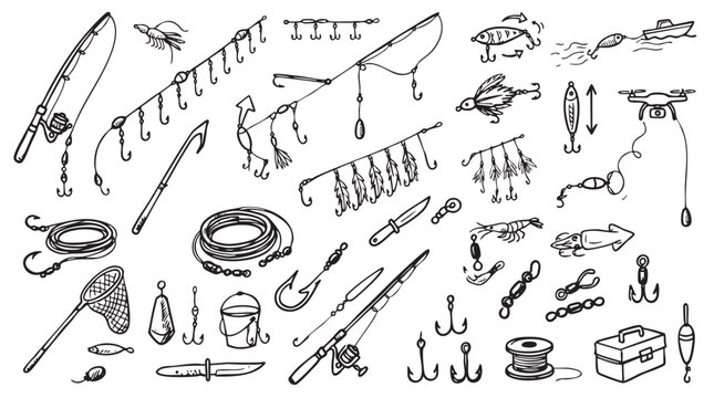 Fishing gear set with rods hooks bait and equipment.