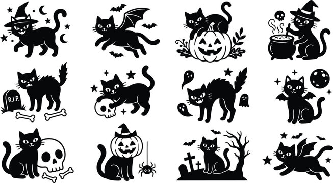 Halloween black cat collection spooky vector illustrations for seasonal designs