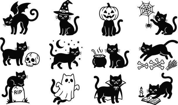 Black cat halloween collection vector illustrations for spooky season designs