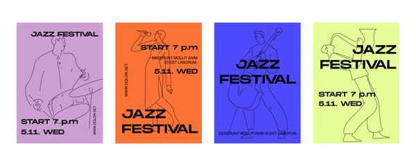 Modern minimalist jazz festival poster collection featuring line art musician illustrations, bold typography, and clean editorial layouts. Contemporary cultural event templates. © Daryna Vasylivna