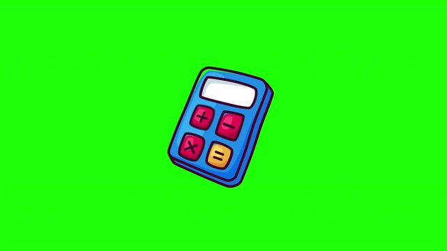 Animated calculator icon with math buttons appearing, finance and accounting symbol, flat doodle style, green screen and white background