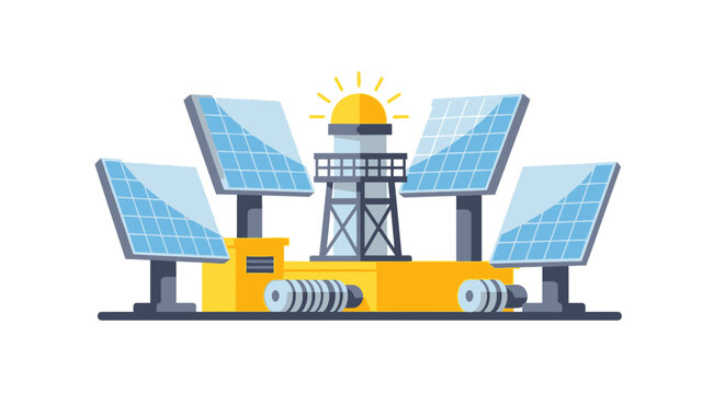 Flat Vector Illustration of a Concentrated Solar Power Plant with Heliostat Panels and Central Receiver Tower on White Background