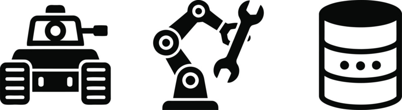 Industrial automation icons tank robotic arm and data server