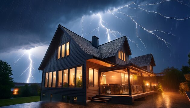 cozy house with warm lights inside during a thunderstorm powerful lightning striking near the rooftop heavy rain glowing windows contrast between warm interior and cold storm outside
