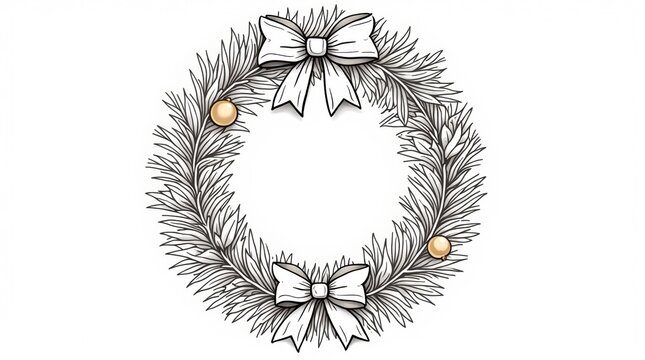 Hand drawn christmas wreath with festive bows and small ornaments isolated on white background