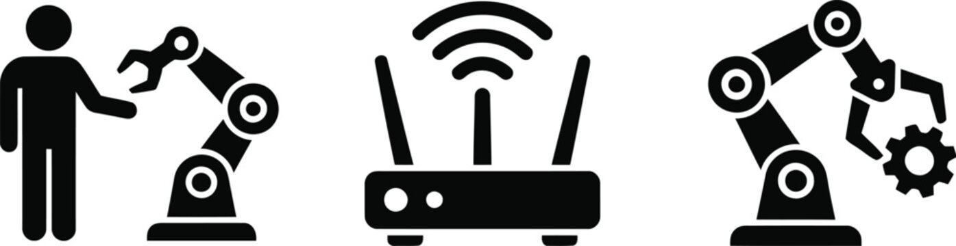 Industrial automation icons human robot collaboration wireless control and gear integration