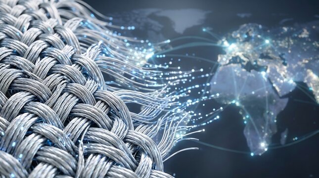 Silver nanotech fabric threads connecting to a glowing global data network map