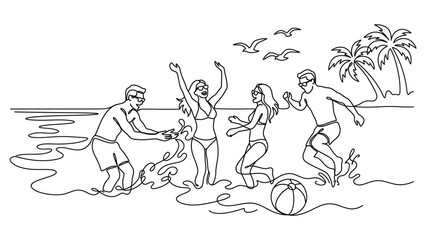 Obraz premium Line art illustration of a group of friends playing at the beach