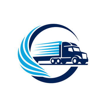 Blue semi-truck logo with circular motion swoosh.