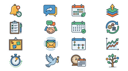Fototapeta premium Elegant Colorful Icons Set Featuring Business Communication Growth and Time Management Concepts with Flat Design
