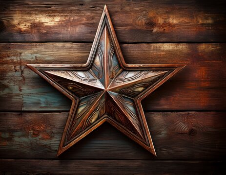 rustic antique bronze metal star emblem against a distressed worn wooden background vintage americana aesthetic perfect for themes of patriotism history resilience heritage and rememberance