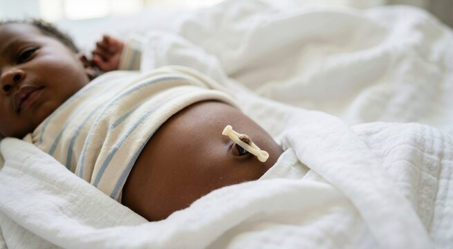 Close up of a newborn African baby with an umbilical cord clamp. Black infant lying on white bedding with exposed belly button
