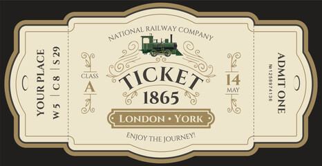 Vector retro train ticket template featuring a vintage steam locomotive, frame, decoration, inscriptions, and dates. Premium royal version.  © paseven