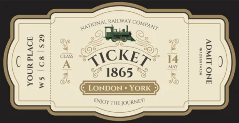 Vector retro train ticket template featuring a vintage steam locomotive, frame, decoration, inscriptions, and dates. Premium royal version.  © paseven
