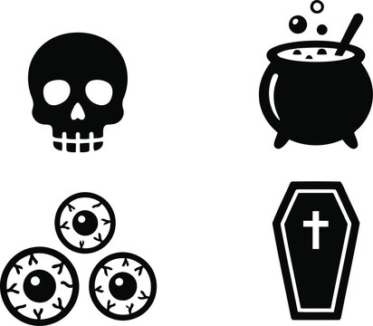 Halloween icon set skull cauldron eyeballs and coffin
