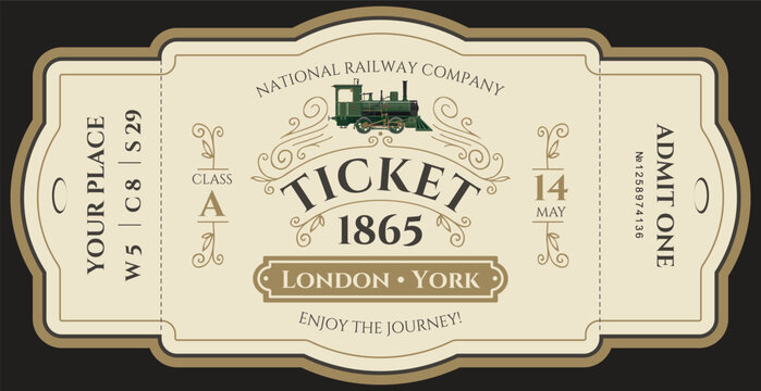 Vector retro train ticket template featuring a vintage steam locomotive, frame, decoration, inscriptions, and dates. Premium royal version. 