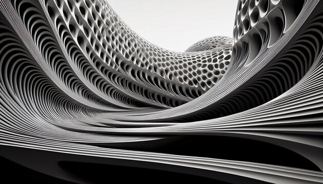 black and white abstract parametric architecture structure with flowing geometric lattice patterns futuristic building desig