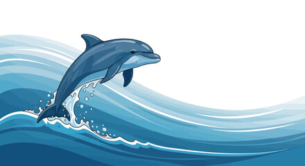 A blue dolphin jumps out of a blue ocean wave. © gambar