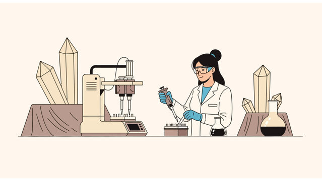 Female Scientist in Modern Laboratory with Pipette and Automated Equipment. Flat Vector Illustration of Biotech Research and Mineral Analysis.