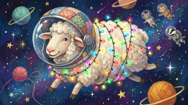 Whimsical digital painting of a sheep in space wrapped in string lights. Astronaut animal floating among yarn planets with a cat and badger