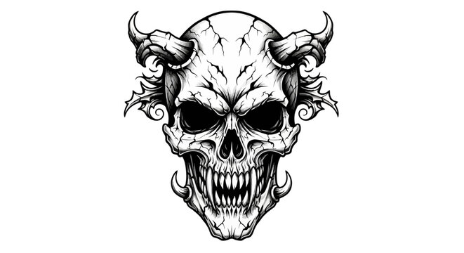Detailed black and white horned demon skull illustration with sharp fangs.