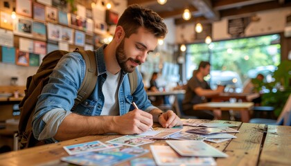 Fototapeta premium Male Backpacker in His 20s Writing Postcards at a Cozy Café Hostel, Surrounded by Colorful Photos and Notes Pinned on the Wall Behind Him