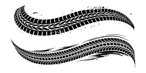 Grunge curved tire tracks and drift marks vector illustration design element for off-road motorsport background. © Artful
