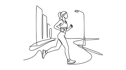 Obraz premium Continuous one line drawing of a woman running in the city. Minimalist line art illustration of female jogger training outdoors