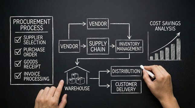 A flowchart depicting the procurement process and supply chain management, including supplier selection, purchase order, goods receipt, inventory management, distribution, and customer delivery.
