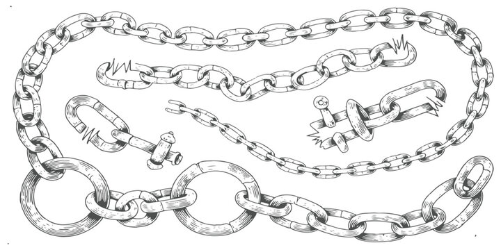 Vintage hand drawn metal chain links and broken chains set vector illustration art for industrial design background.