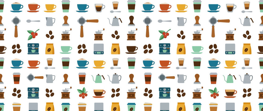 Coffee Icons Pattern: Beans, Cups, Grinders, Machines, and More